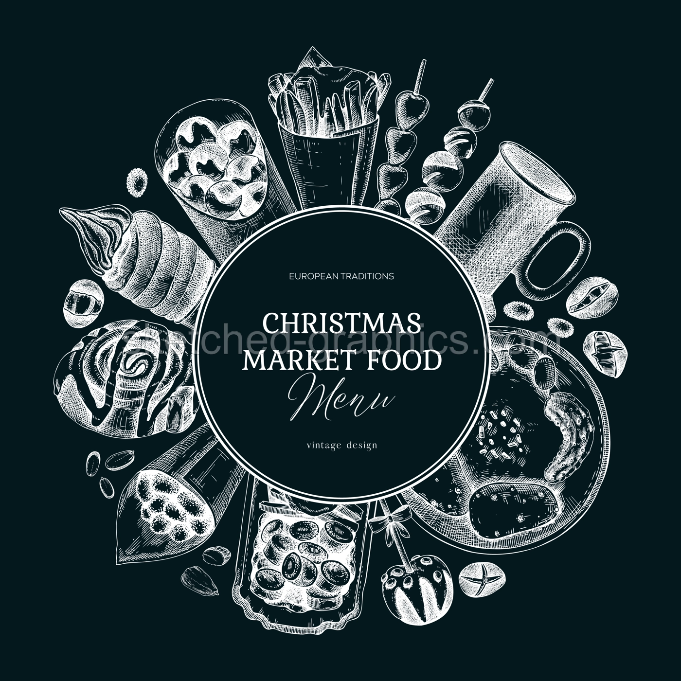 Christmas market food menu design. Hand-drawn vector illustration. Mulled wine, sweets, raclette, French fries, pastries, grilled sausages  sketches. European Christmas fair wreath on chalkboard Illustration